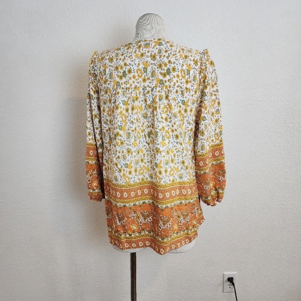 VCAY Floral Print Lantern Sleeve Cream & Green Color Women's Top Size XL - Picture 3 of 5